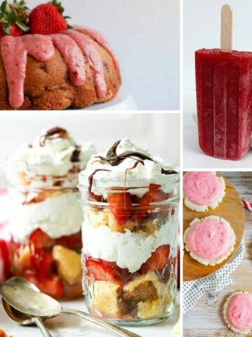 4 different recipes using strawberries. Cookies, ice pops, cake and mason jar dessert.