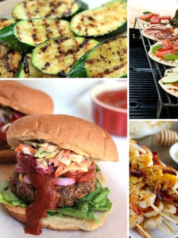 4 different recipes made on the grill. Zucchini, pizza, shrimp kabobs and hamburgers.