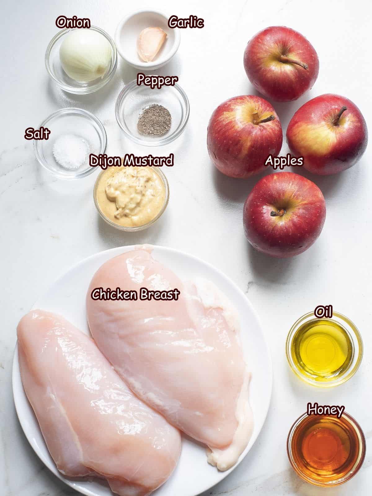 Ingredients for chicken baked with honey and apples.