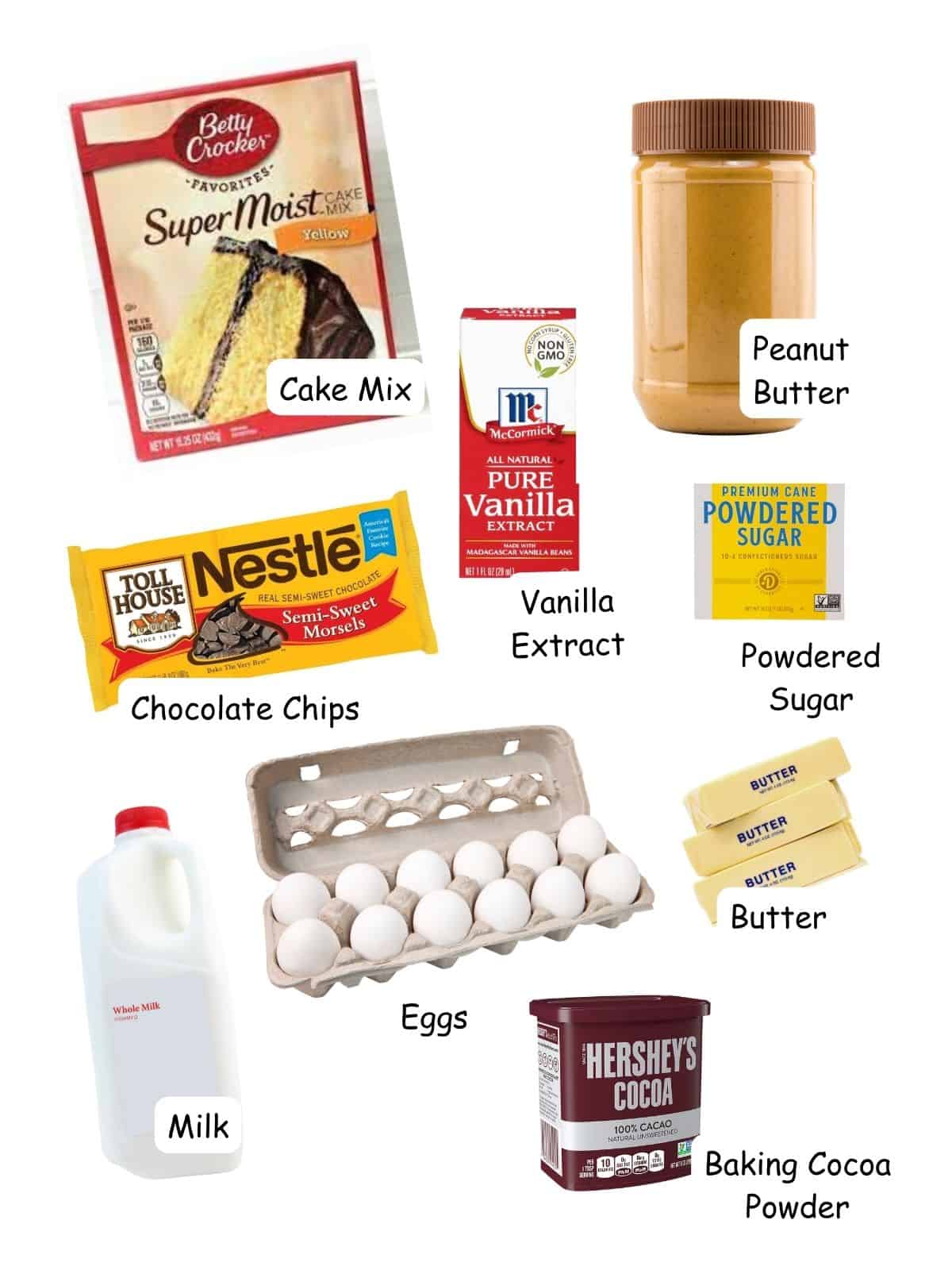 Ingredienets for peanut butter cake mix cake.
