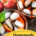 homemade peach iced tea recipe in glass with ice cubes.