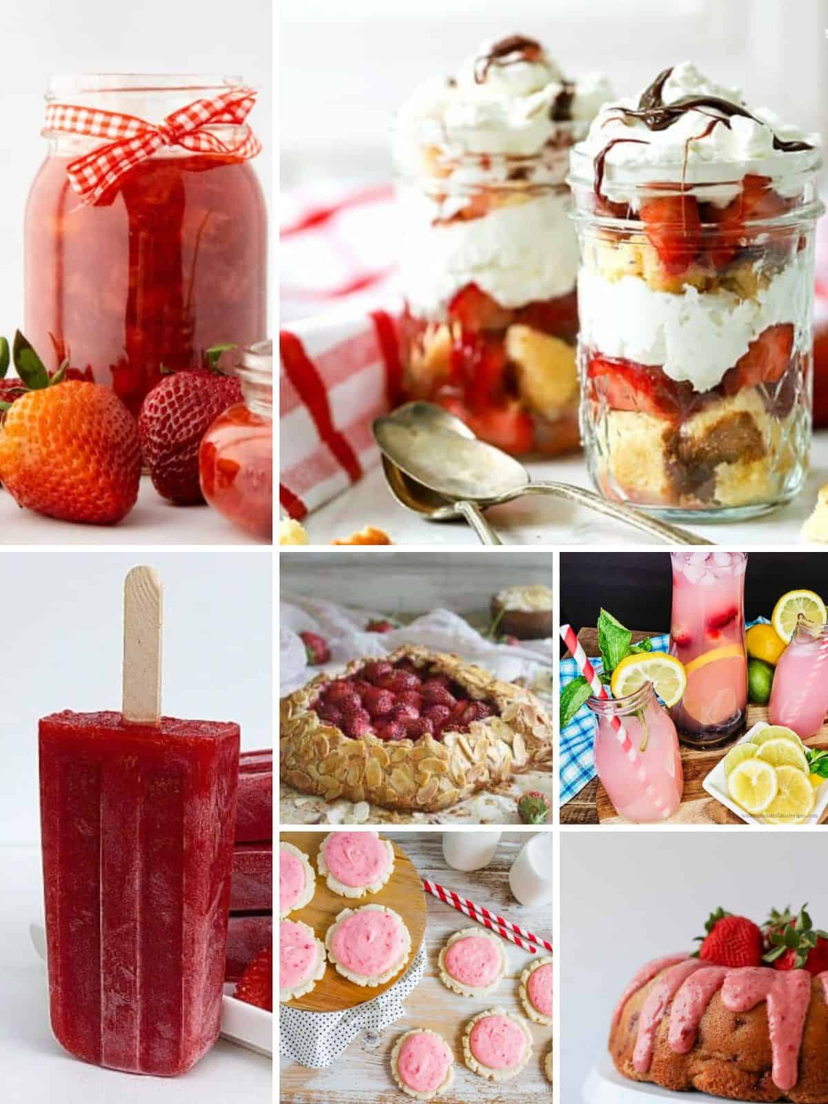 A collection of different strawberry dessert recipes and beverages.
