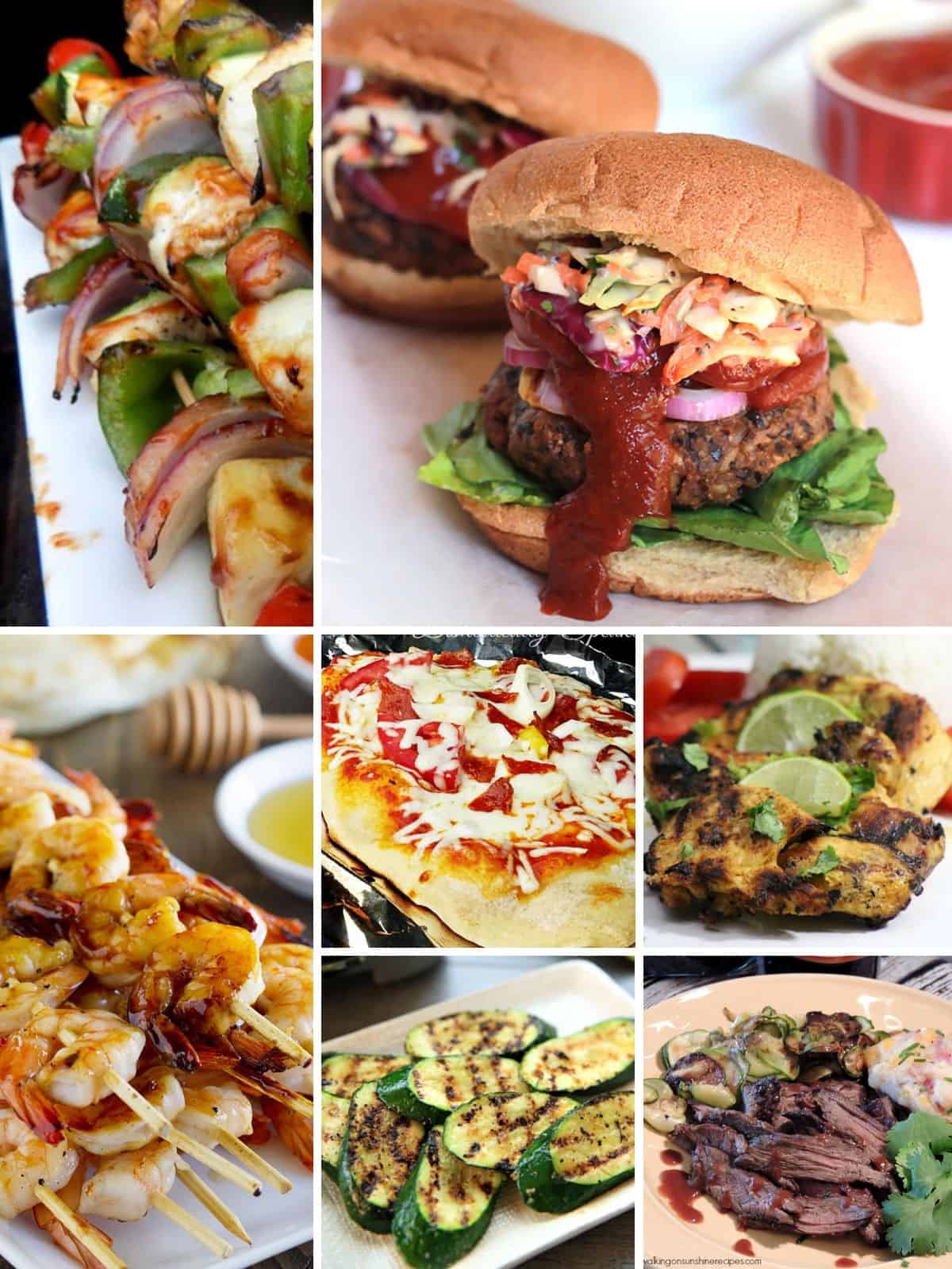 a collection of summer grilling favorite recipes. Vegetables, pizza, steak, shrimp, burgers and kabobs.