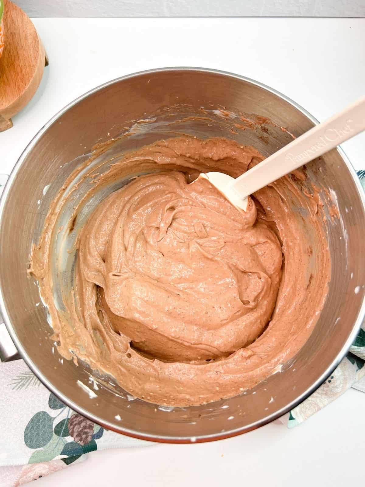 chocolate pudding cream cheese mixture in bowl.