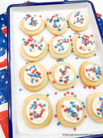 sugar cookies with frosting and sprinkles.