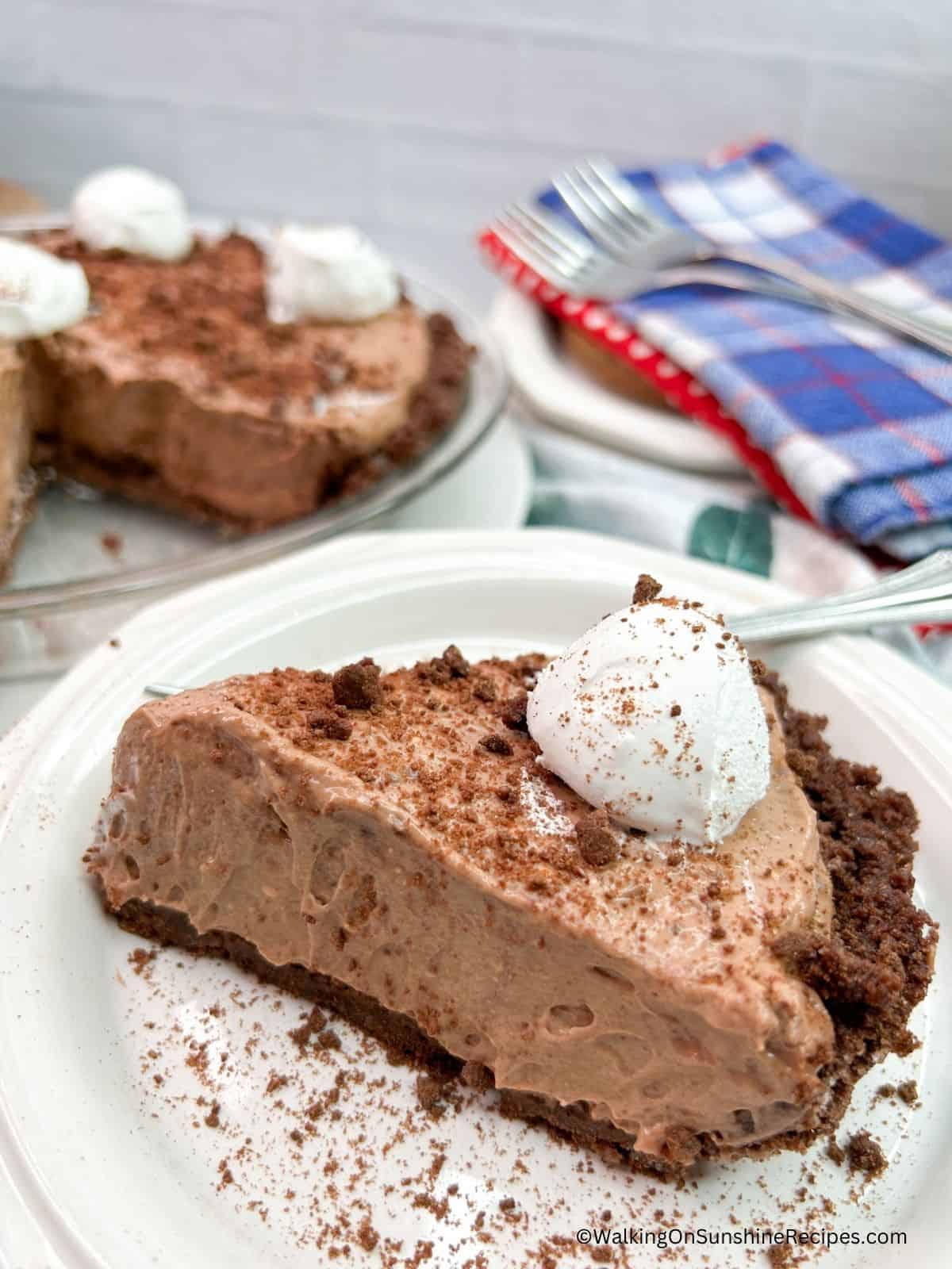 slice of chocolate pie on plate with full pie in backgrond.