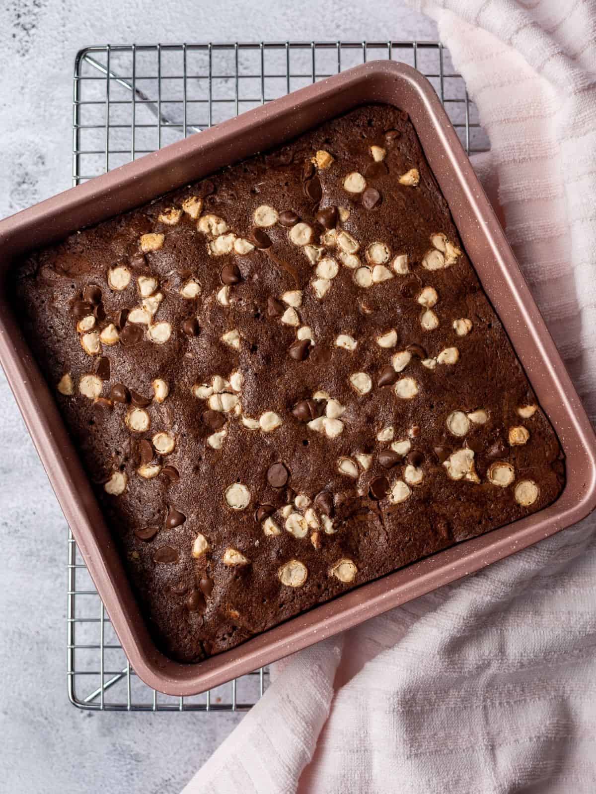 Baked double chocolate brownies in pan.