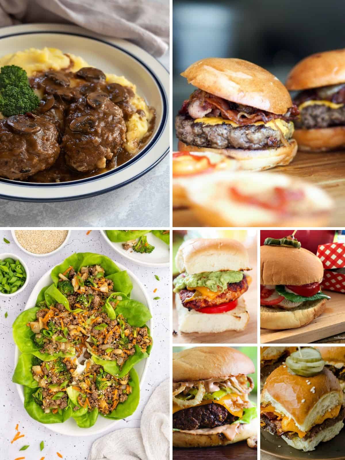 Collection of 7 different recipes made with burgers.
