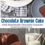 Chocolate Brownie Cake sliced on plate with glass of milk.