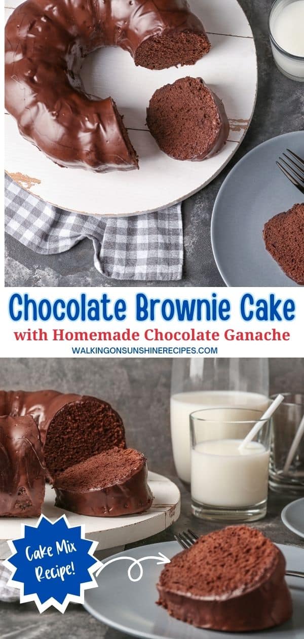 Chocolate Brownie Cake sliced on plate with glass of milk.