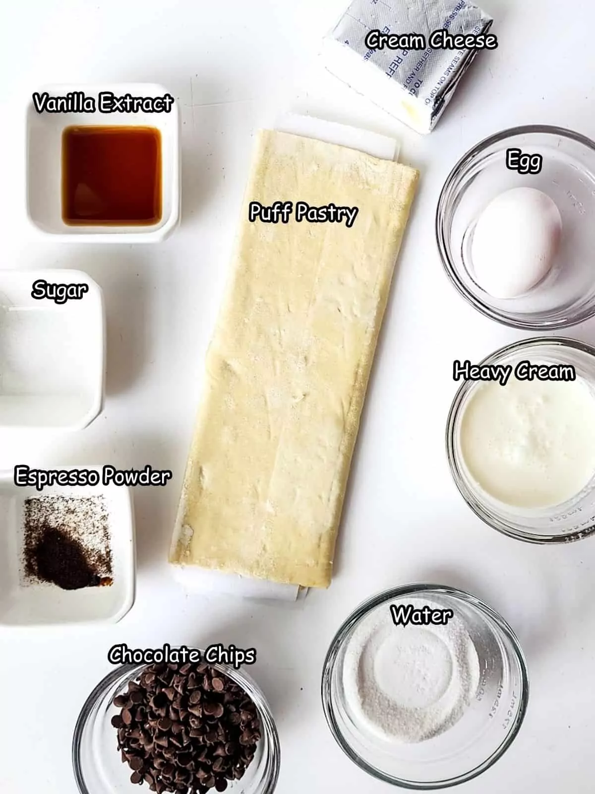 Ingredients for puff pastry chocolate cream cheese.