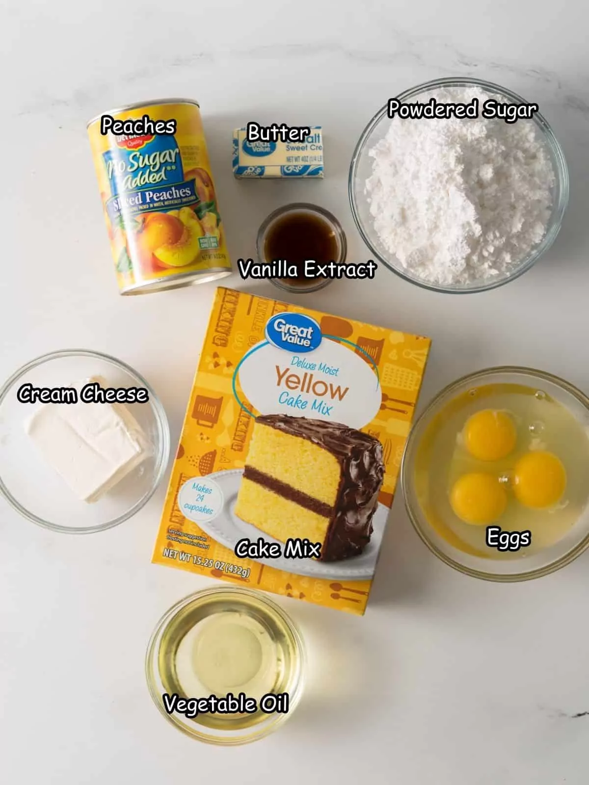 Ingredients for peach cake.