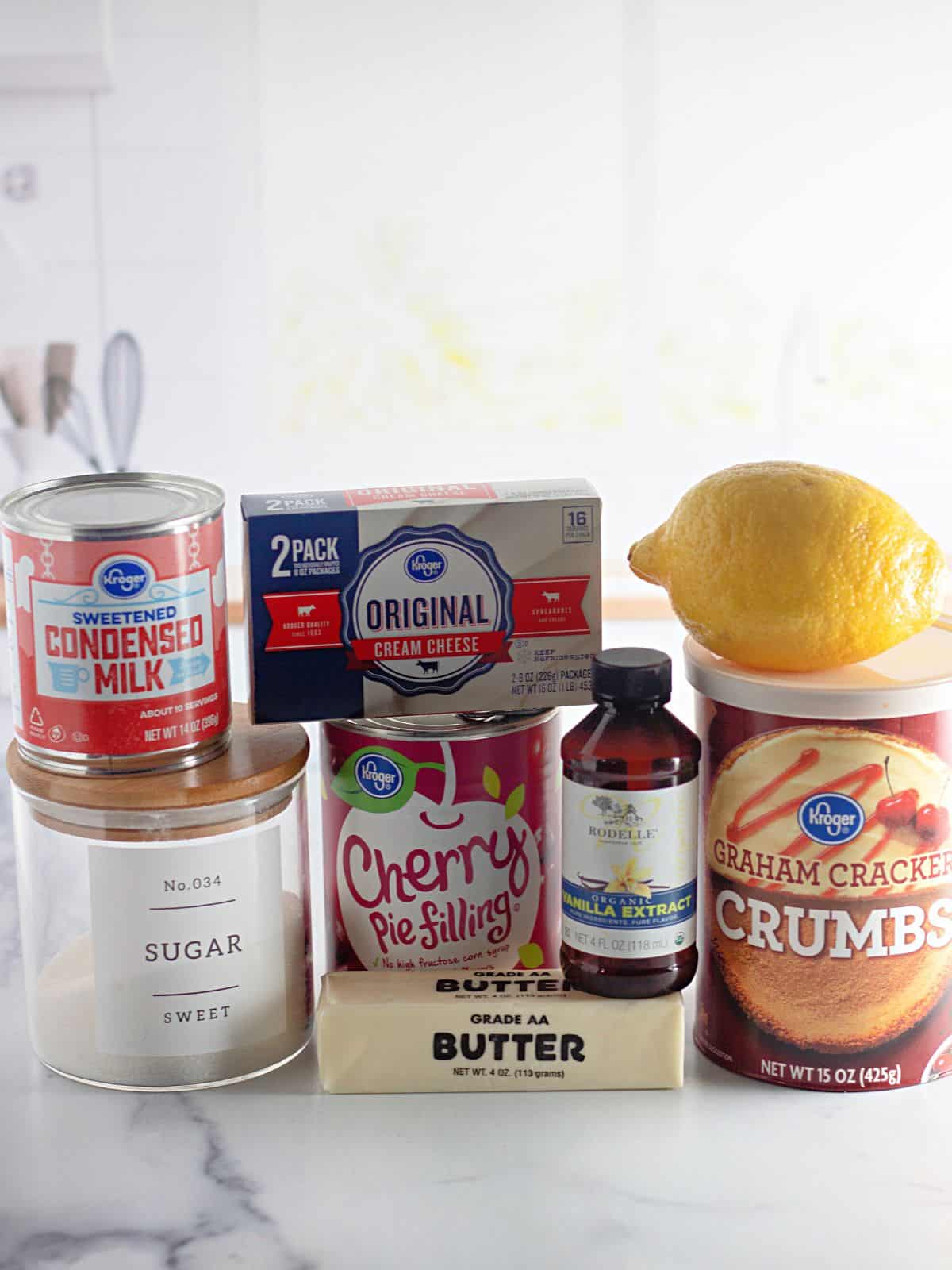Ingredients for cherry pie pudding cups.