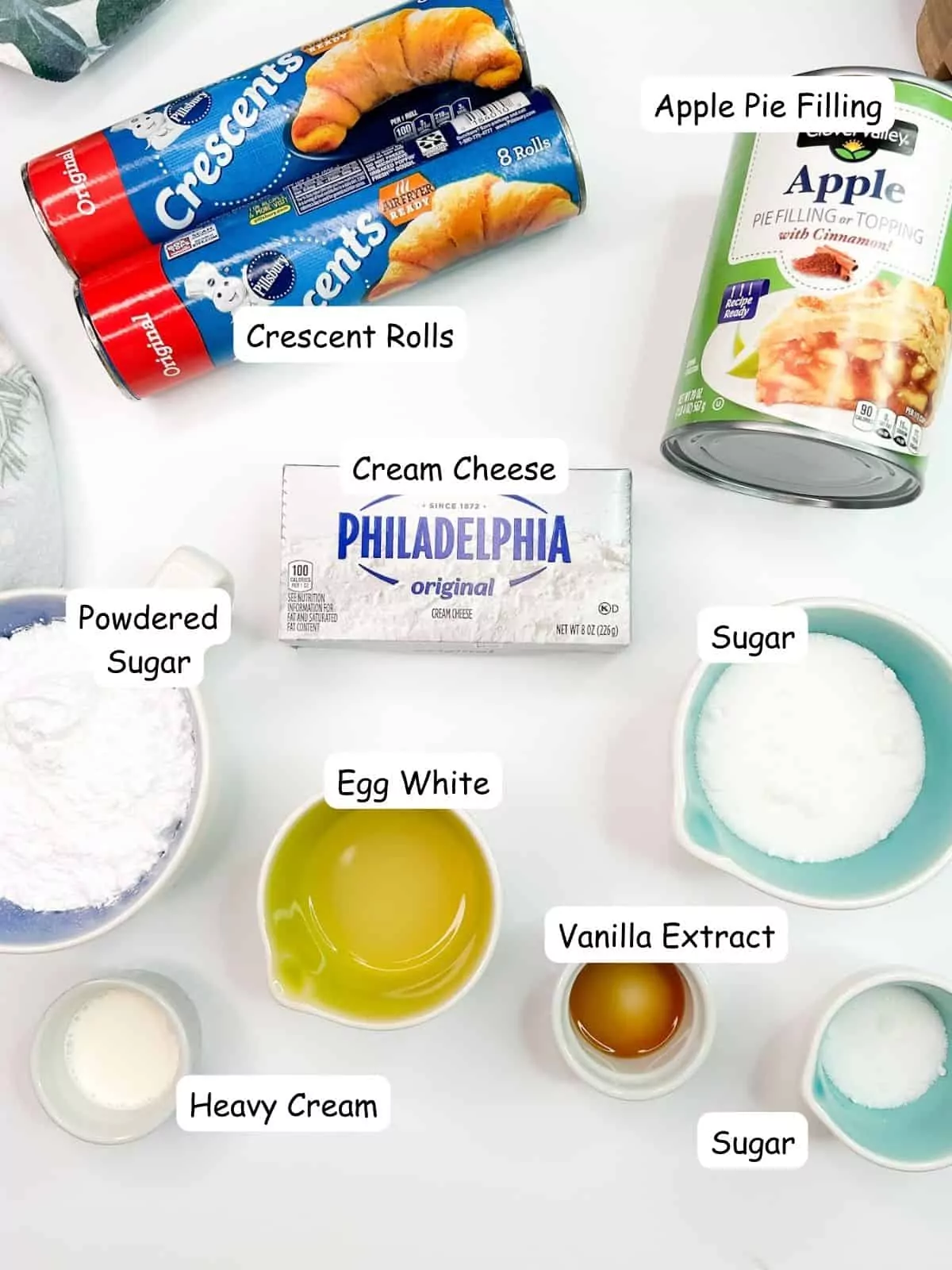 Ingredients for cream cheese apple crescent roll danish.