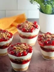 cherry cheesecake pudding in cups.