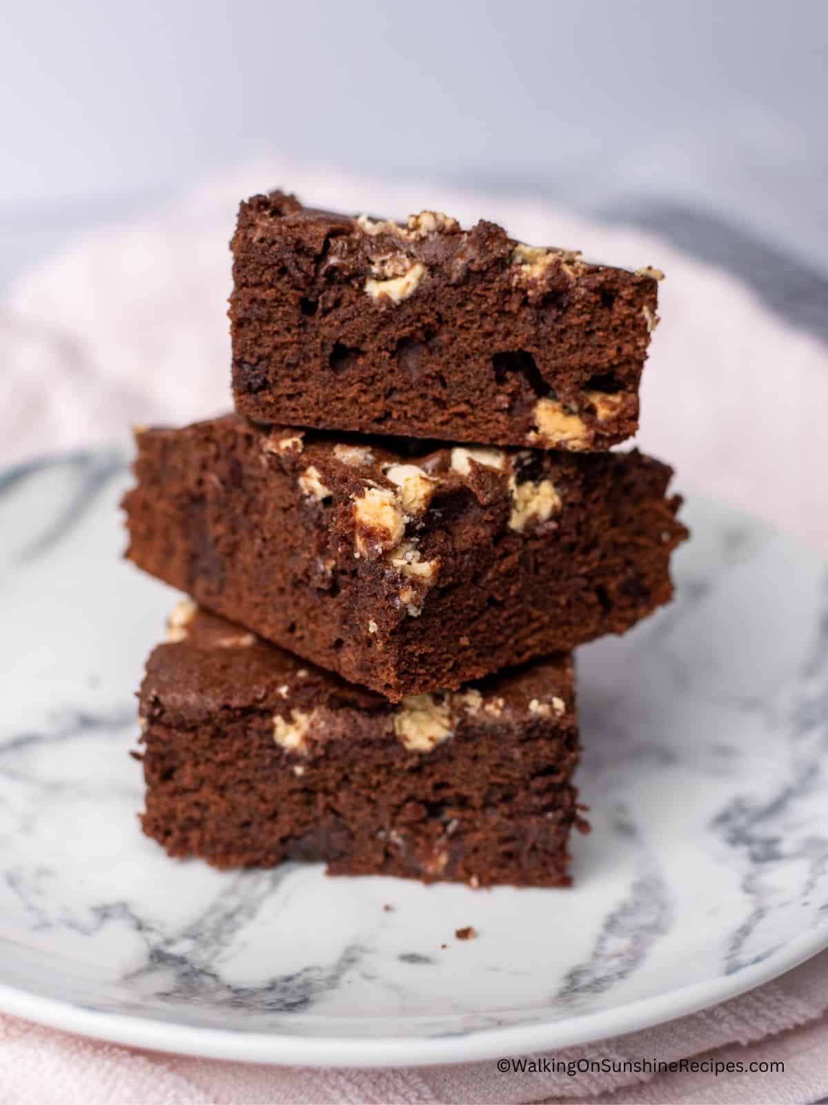 stacked double chocolate homemade brownies.