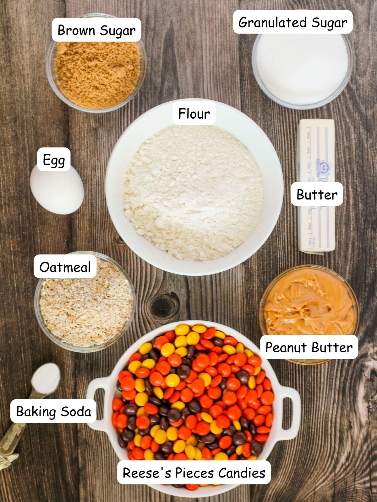 Ingredients for Halloween Cookies with Reese's Candy pieces.
