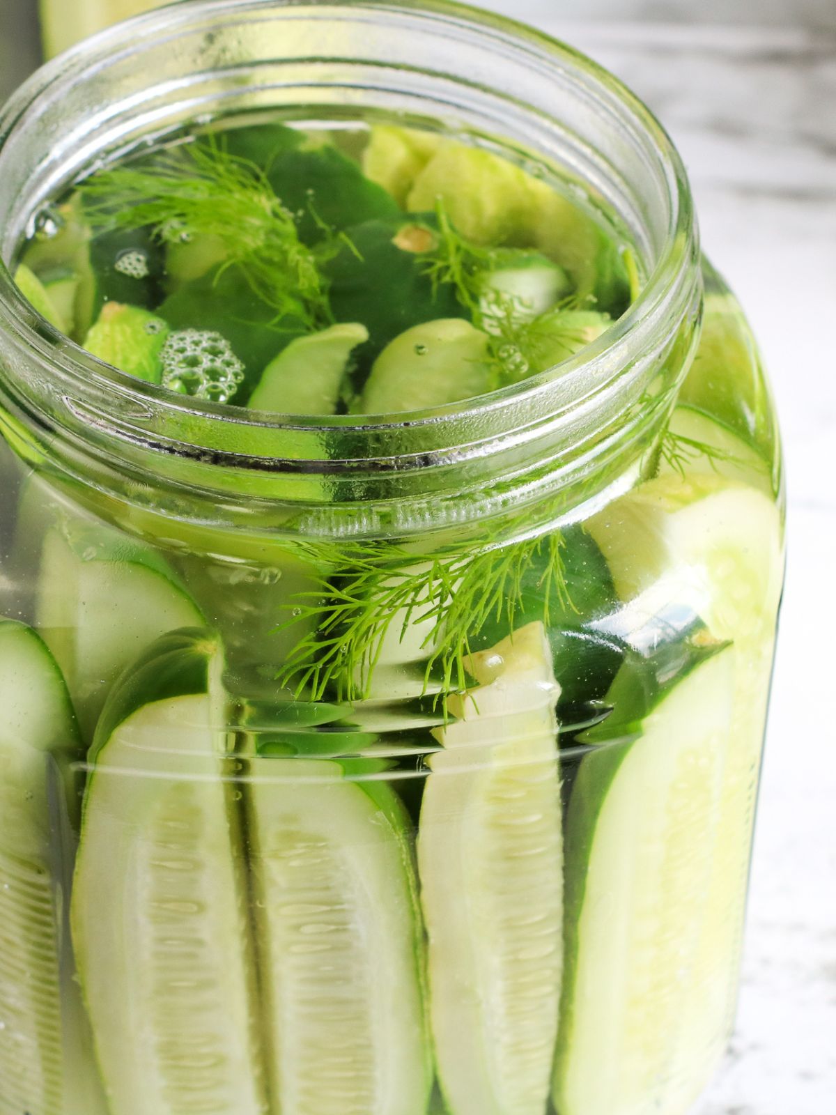 Cucumbers in mason jar with pickling spices and fresh dill.