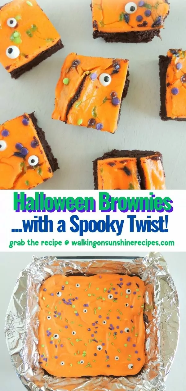 Spooky, fun Halloween Homemade Brownies with orange frosting.