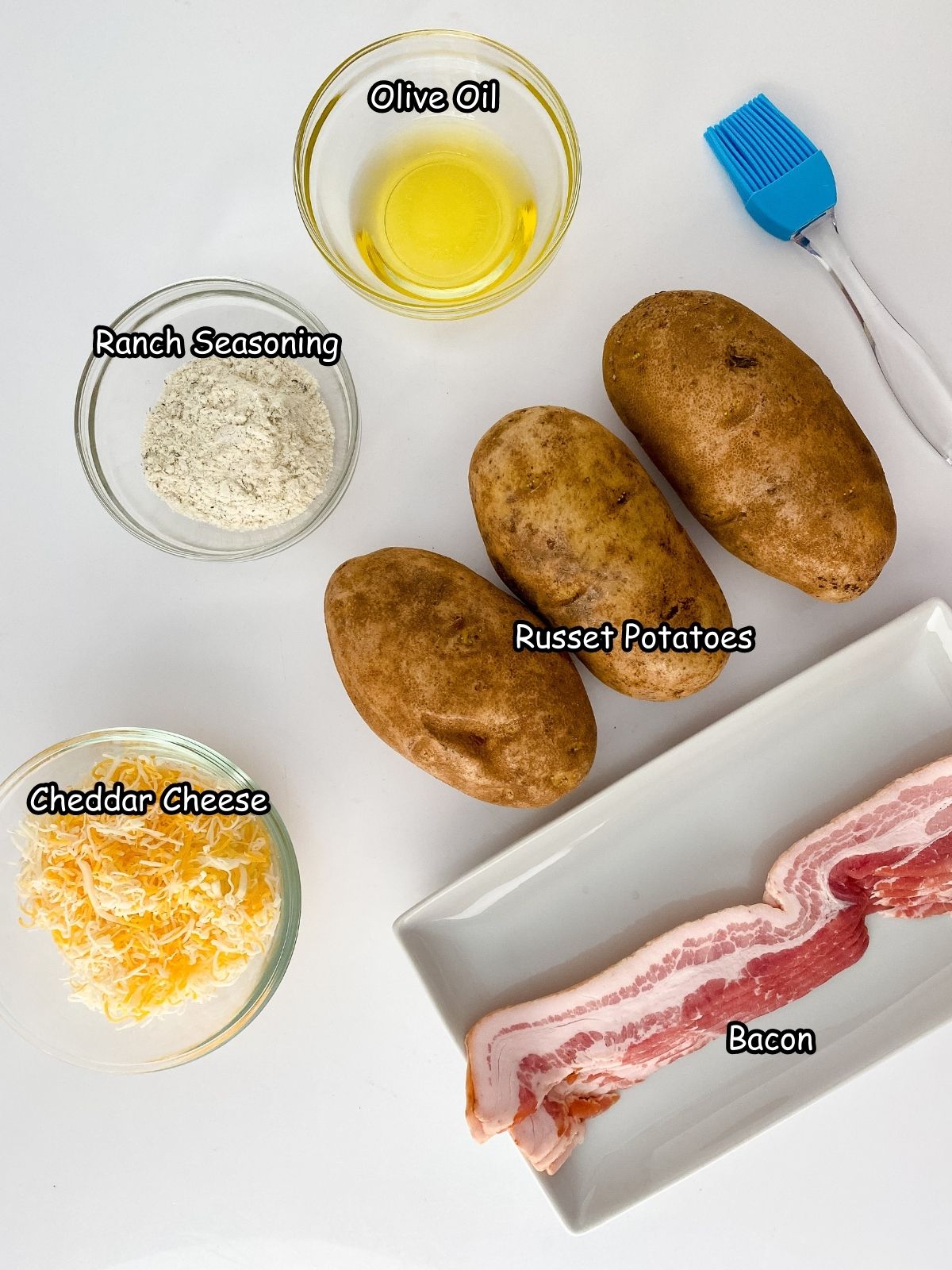 Ingredients for bacon cheese potatoes.