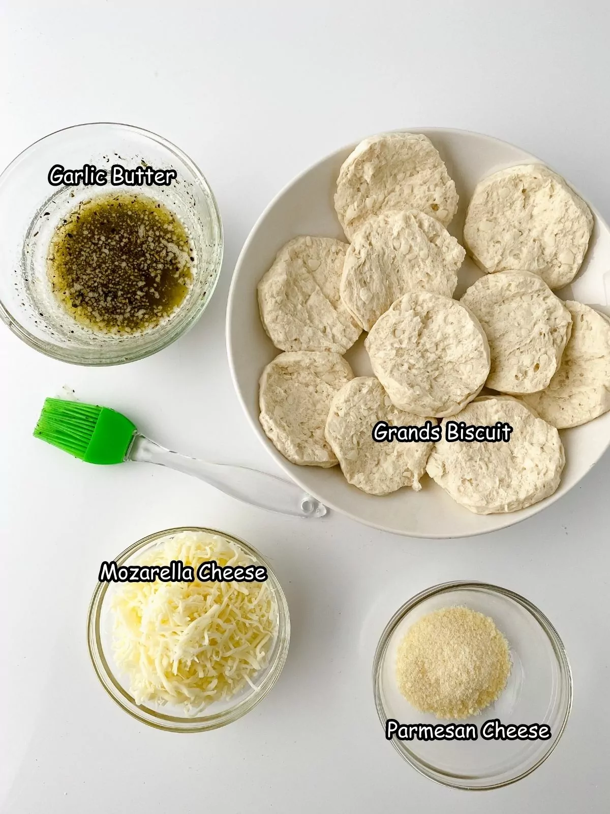 Ingredients for baked biscuits with mozzarella cheese.