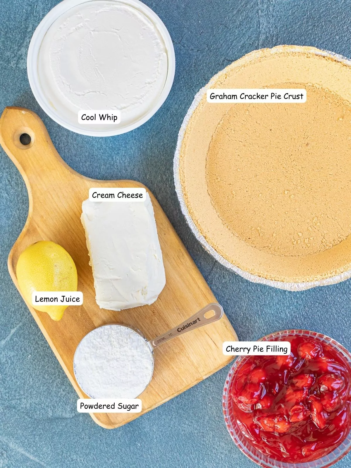 Ingredients for no bake cheesecake pie with cherry pie filling.