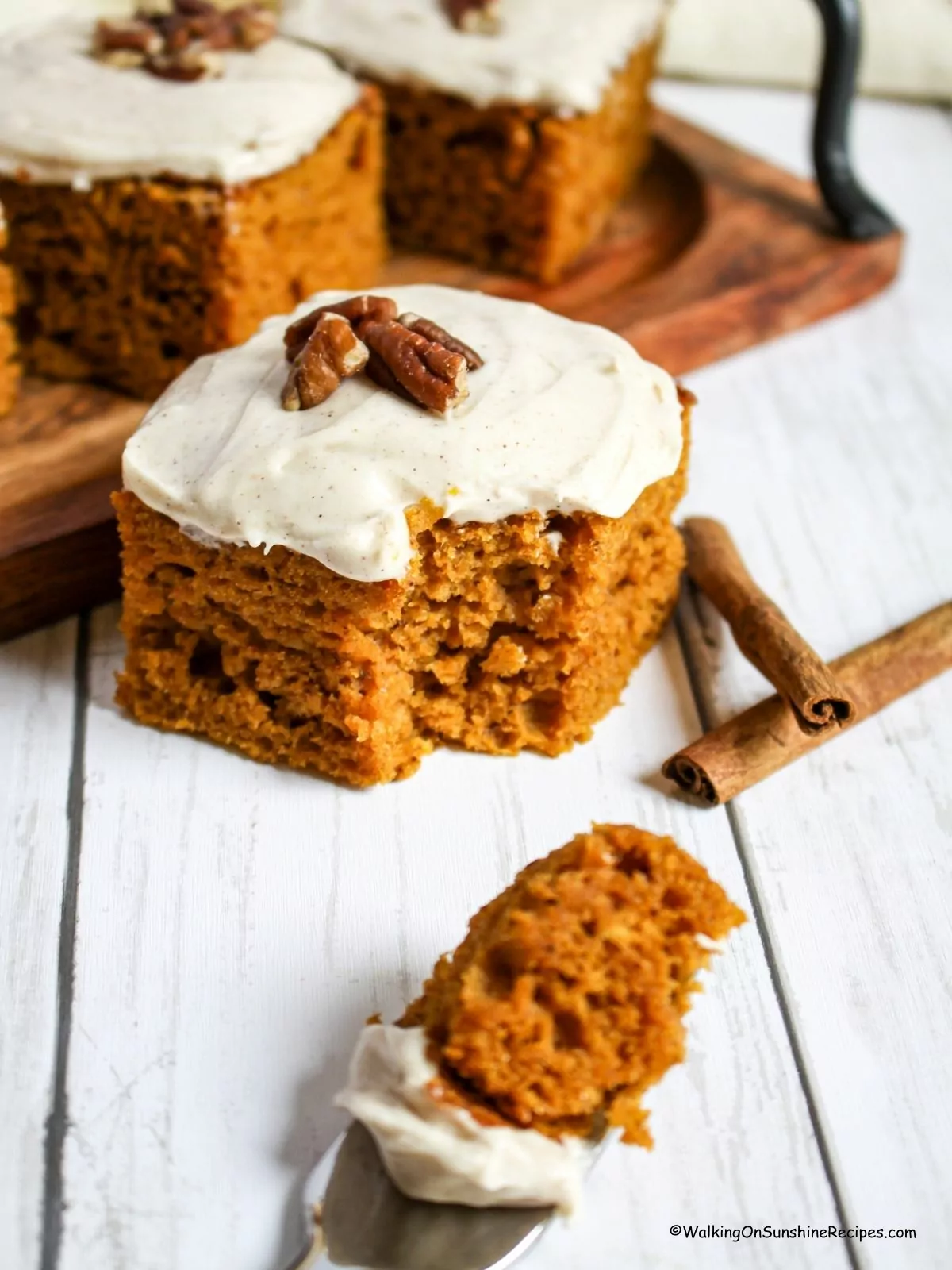 homemade pumpkin spice cake served and on fork.