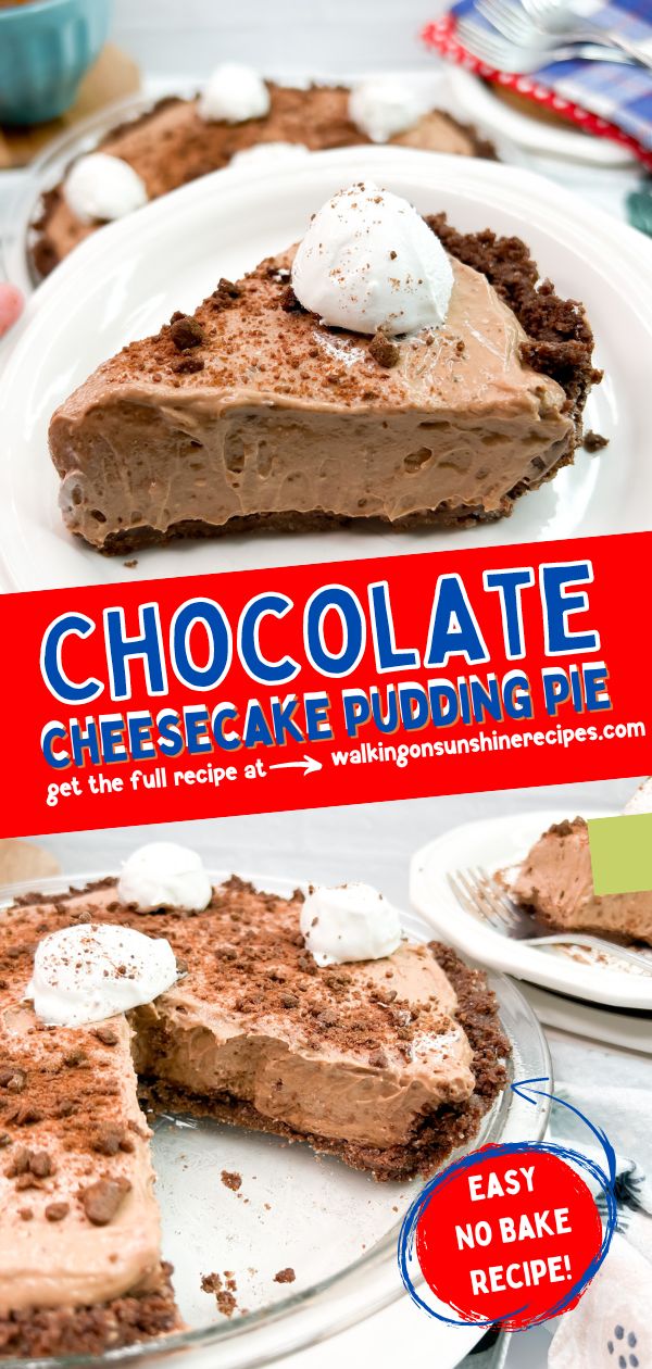 No bake chocolate pudding pie on plate with whipped cream.