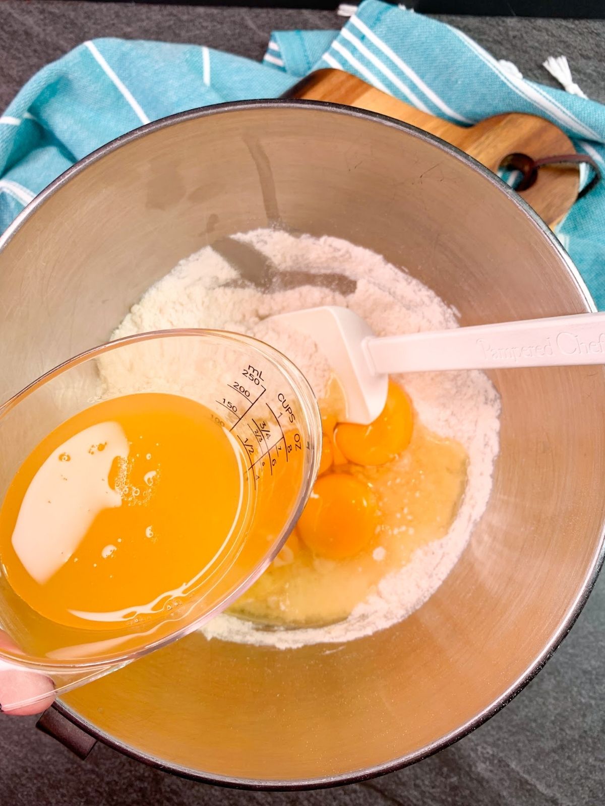 add peach juice to cake batter.