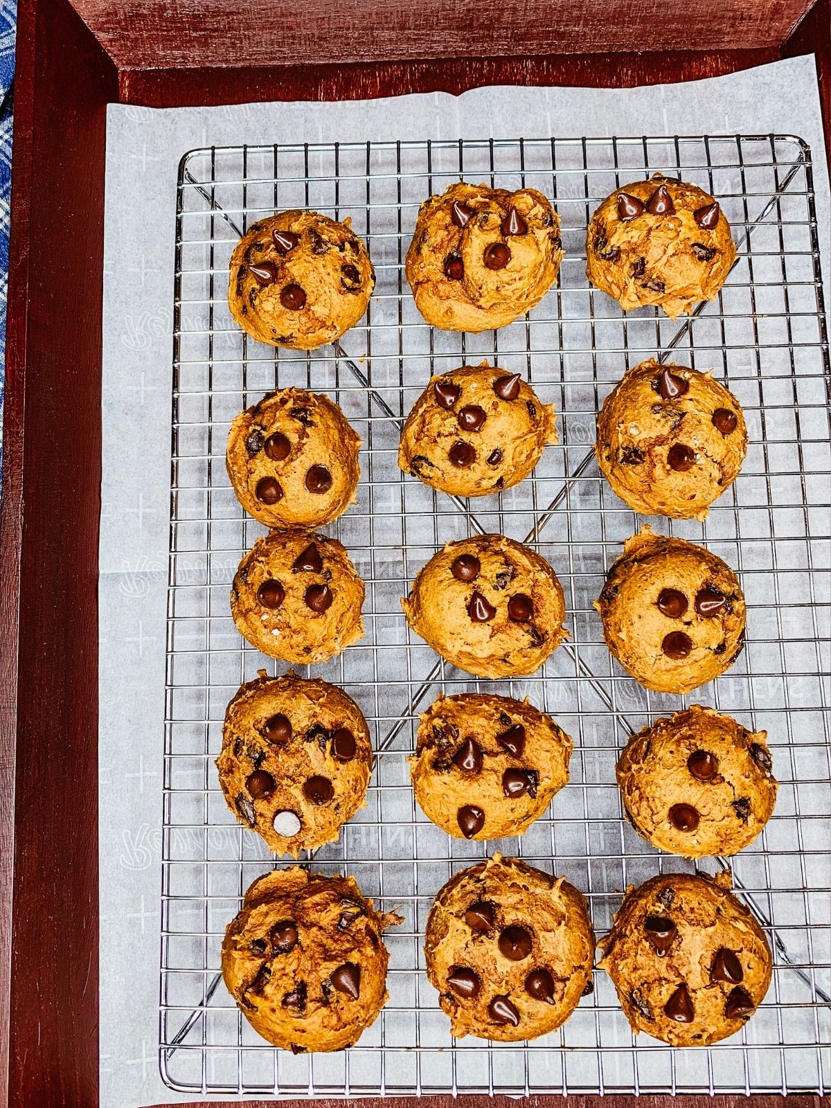 cookies made with spice cake mix and chocolate chips on cooling rack.