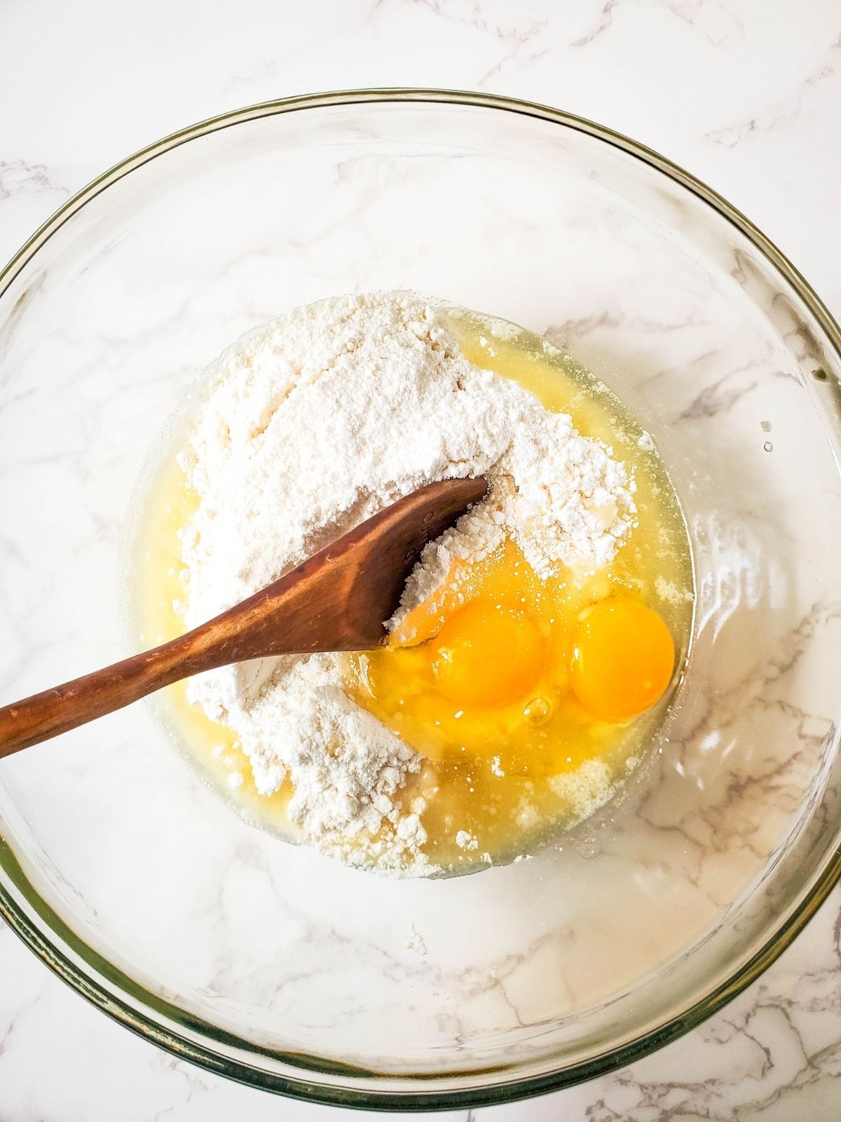 cake mix with eggs in mixing bowl.