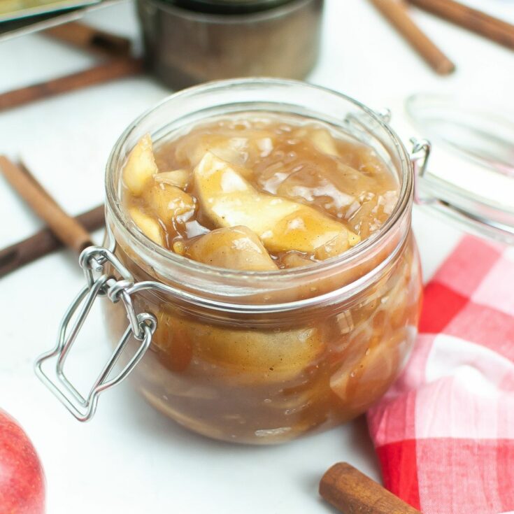 apple pie filling on red checked napkin.