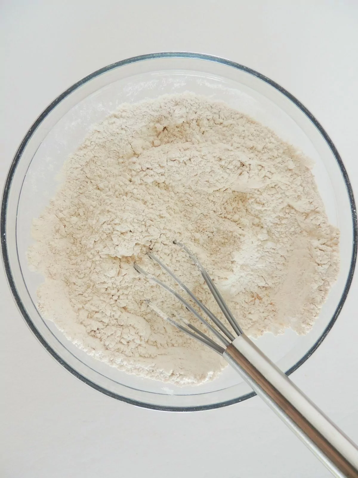dry ingredients combined in bowl with whisk.