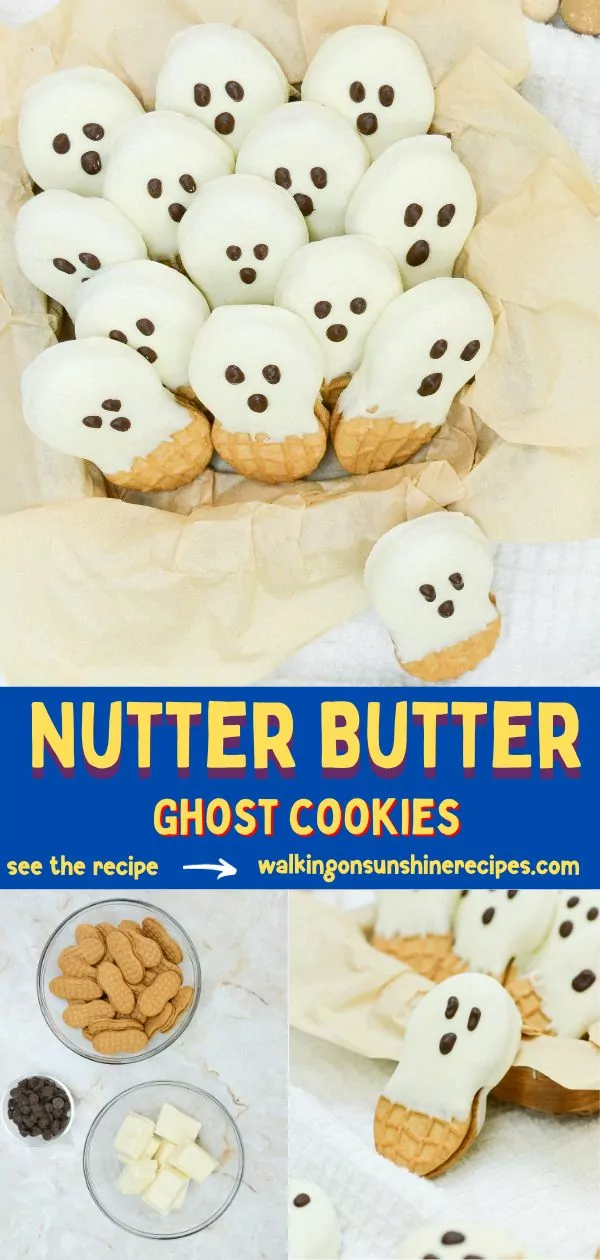 Ghost cookies made with Nutter Butter Cookies and melted chocolate.