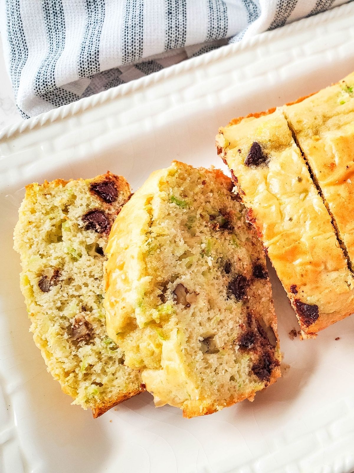 Closeup of sliced zucchini bisquick bread.