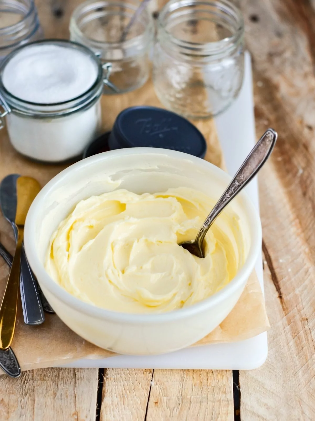 creamy butter in white bowl.