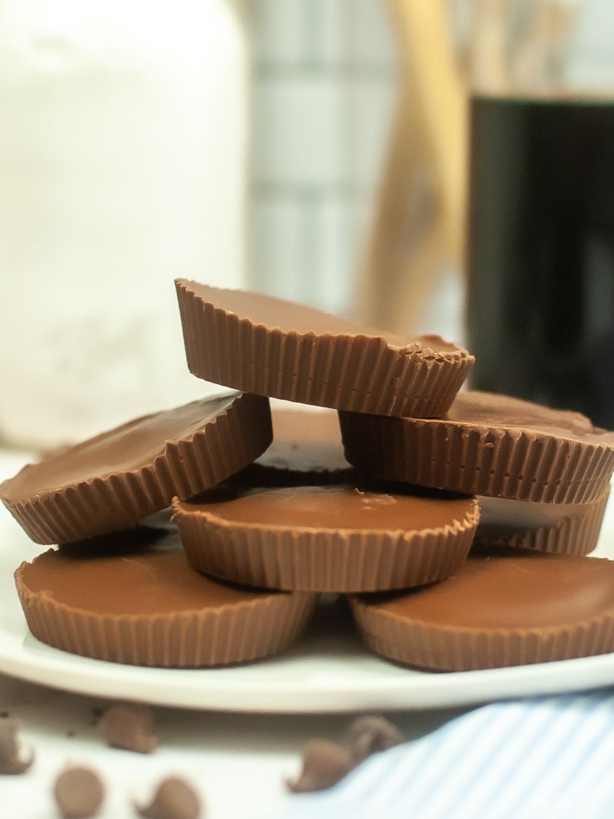 no bake peanut butter cups stacked.
