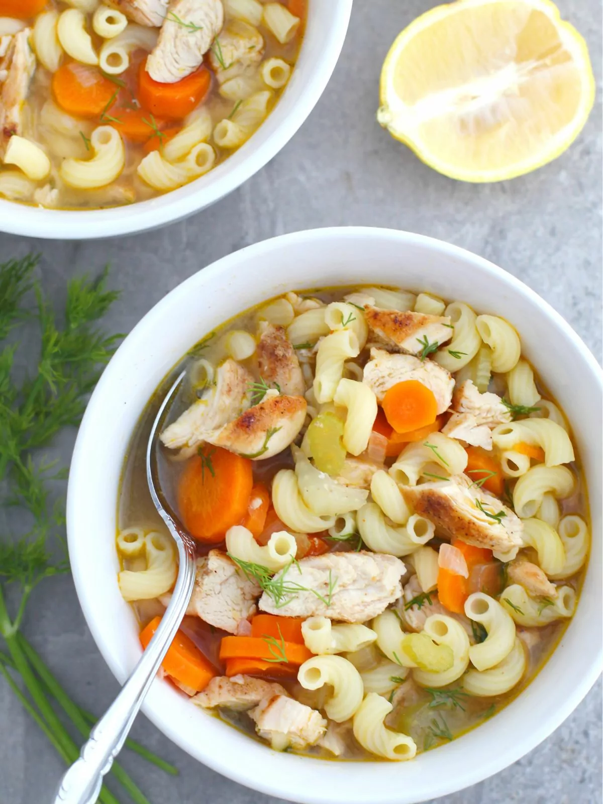 chicken soup with macaroni noodles.