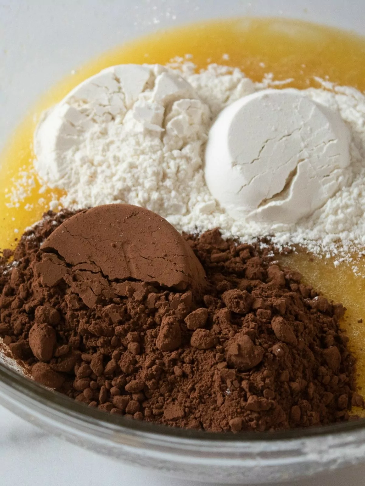 cocoa powder, flour, butter mixture in bowl.