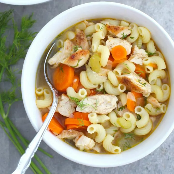chicken noodle soup with elbow macaroni.