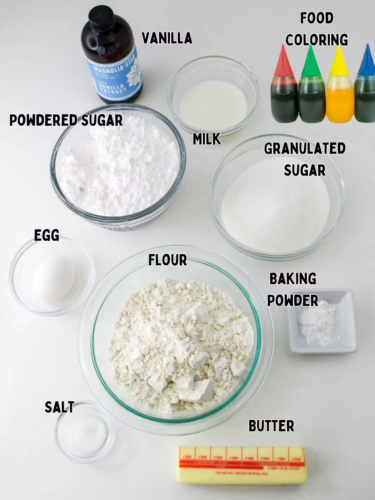 Ingredients for traditional sugar Christmas cookies.