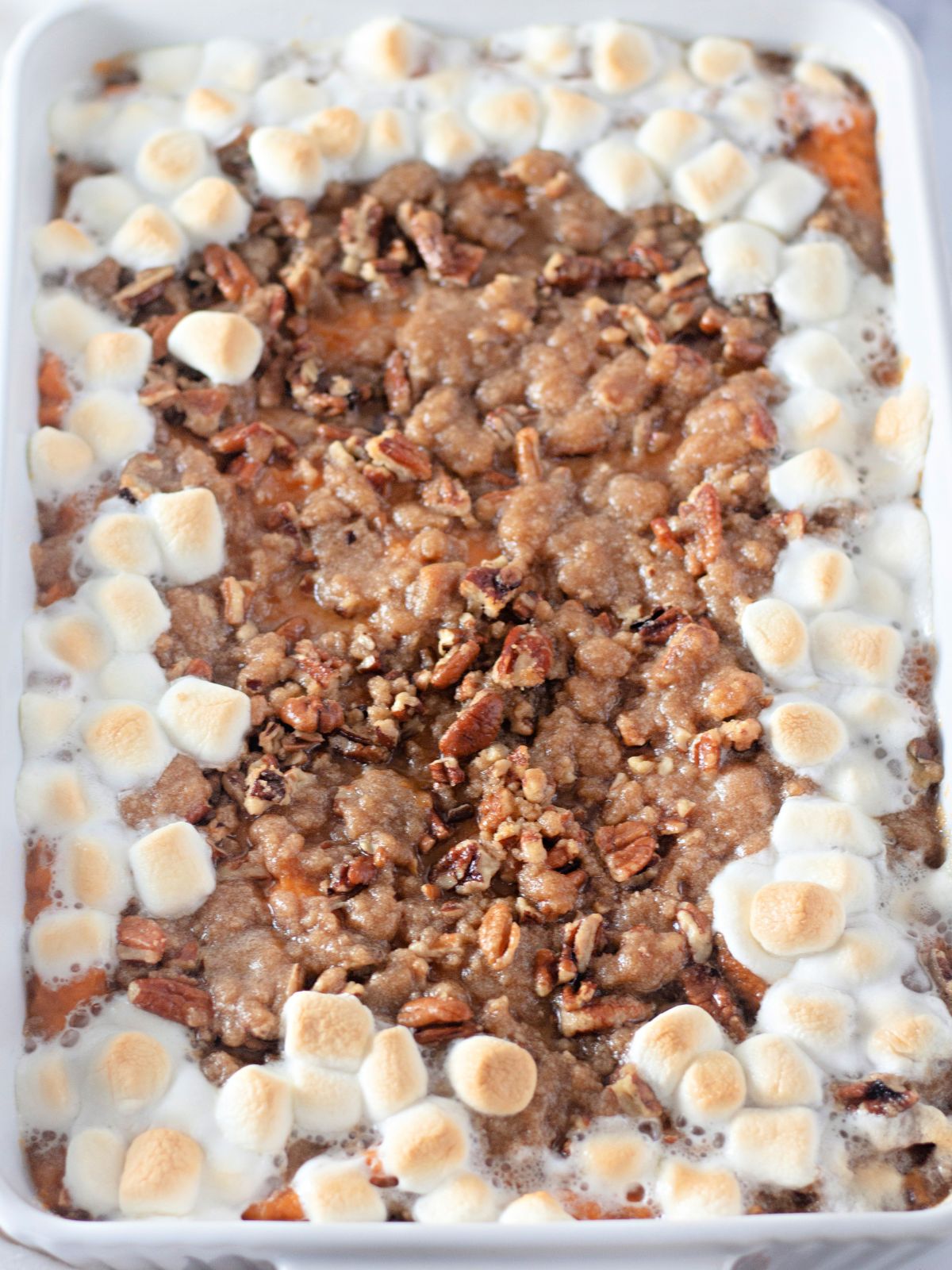baked sweet potato casserole with marshmallows.