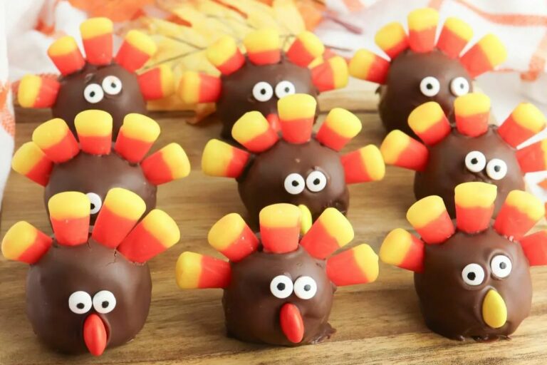 Chocolate truffles decorated to look like turkeys.