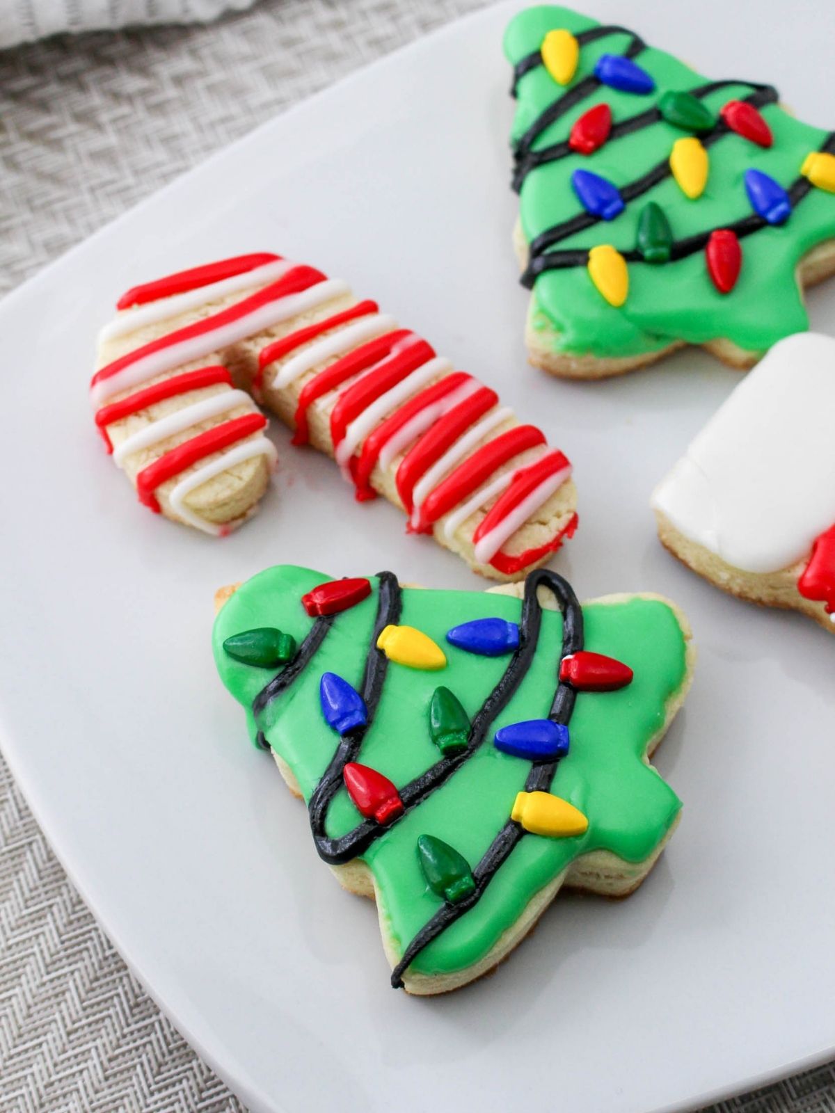 closeup of Christmas tree cookie decorated.