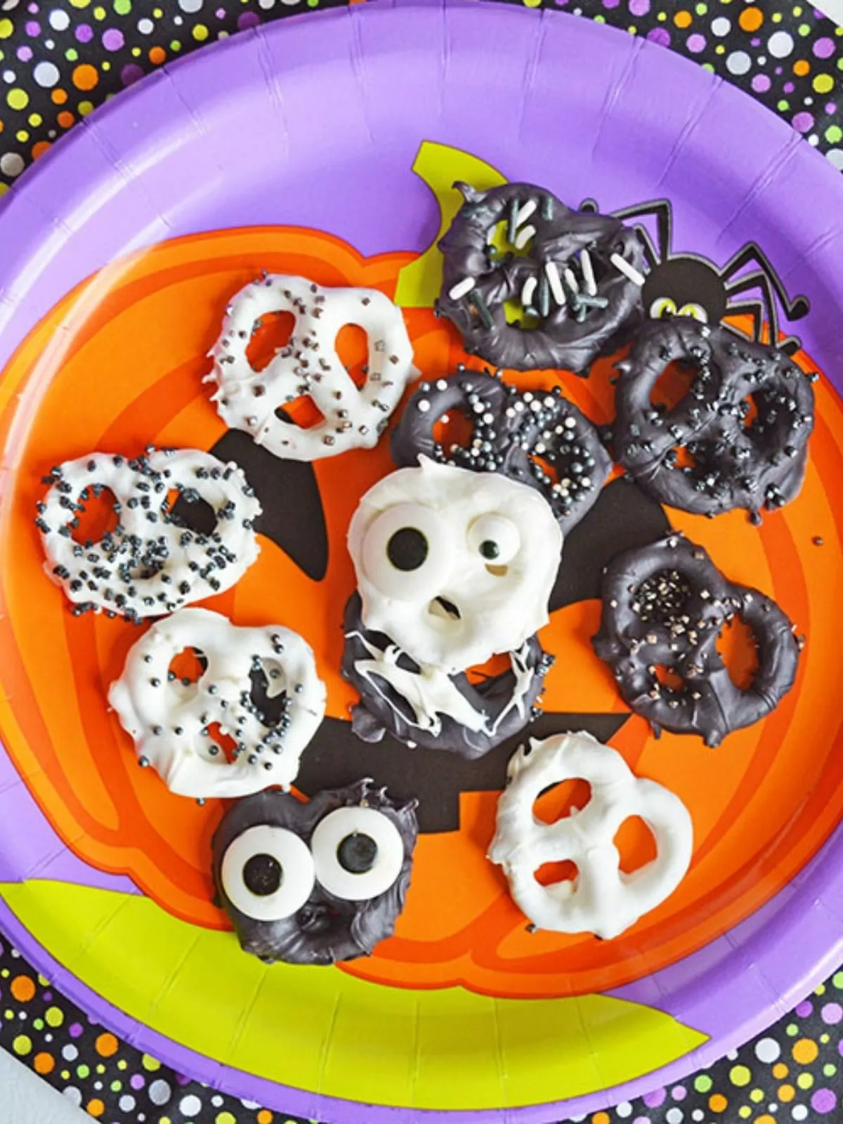 plate of Halloween chocolate covered pretzel twists.