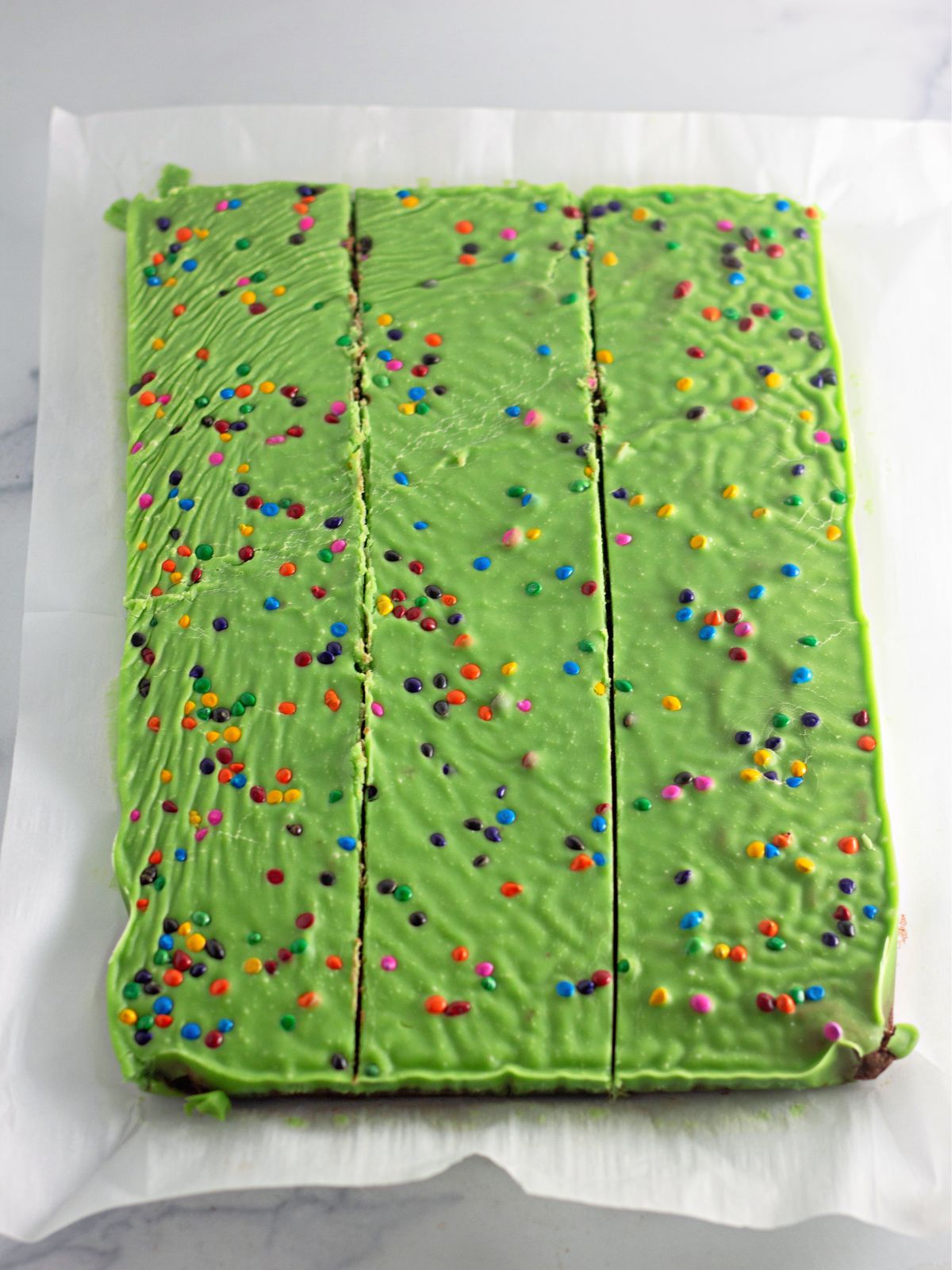 decorated brownies sliced in threes.