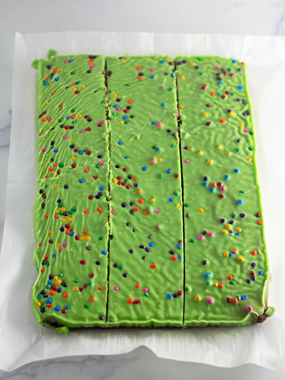 decorated brownies sliced in threes.