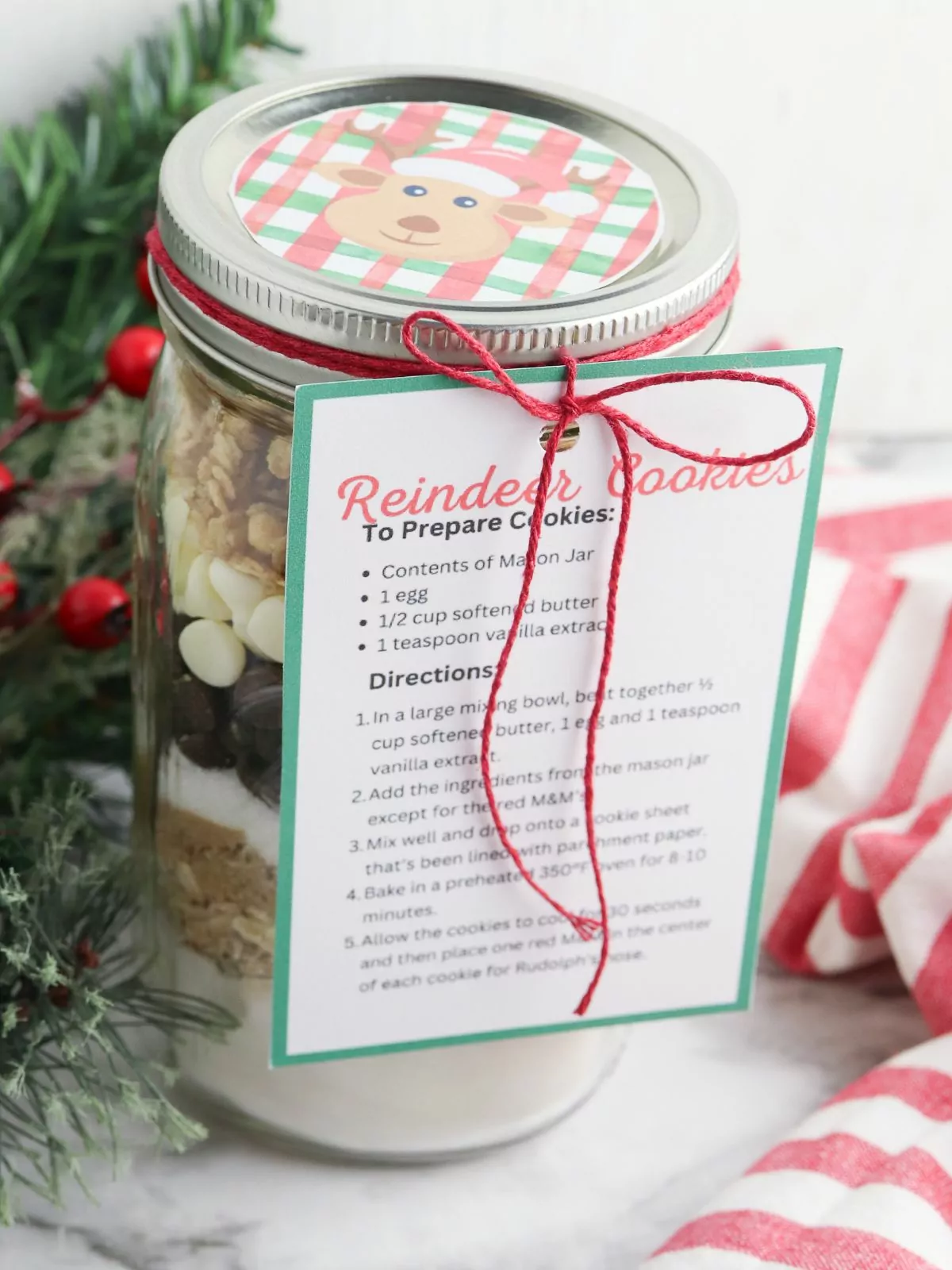 Reindeer cookies in a jar with label.