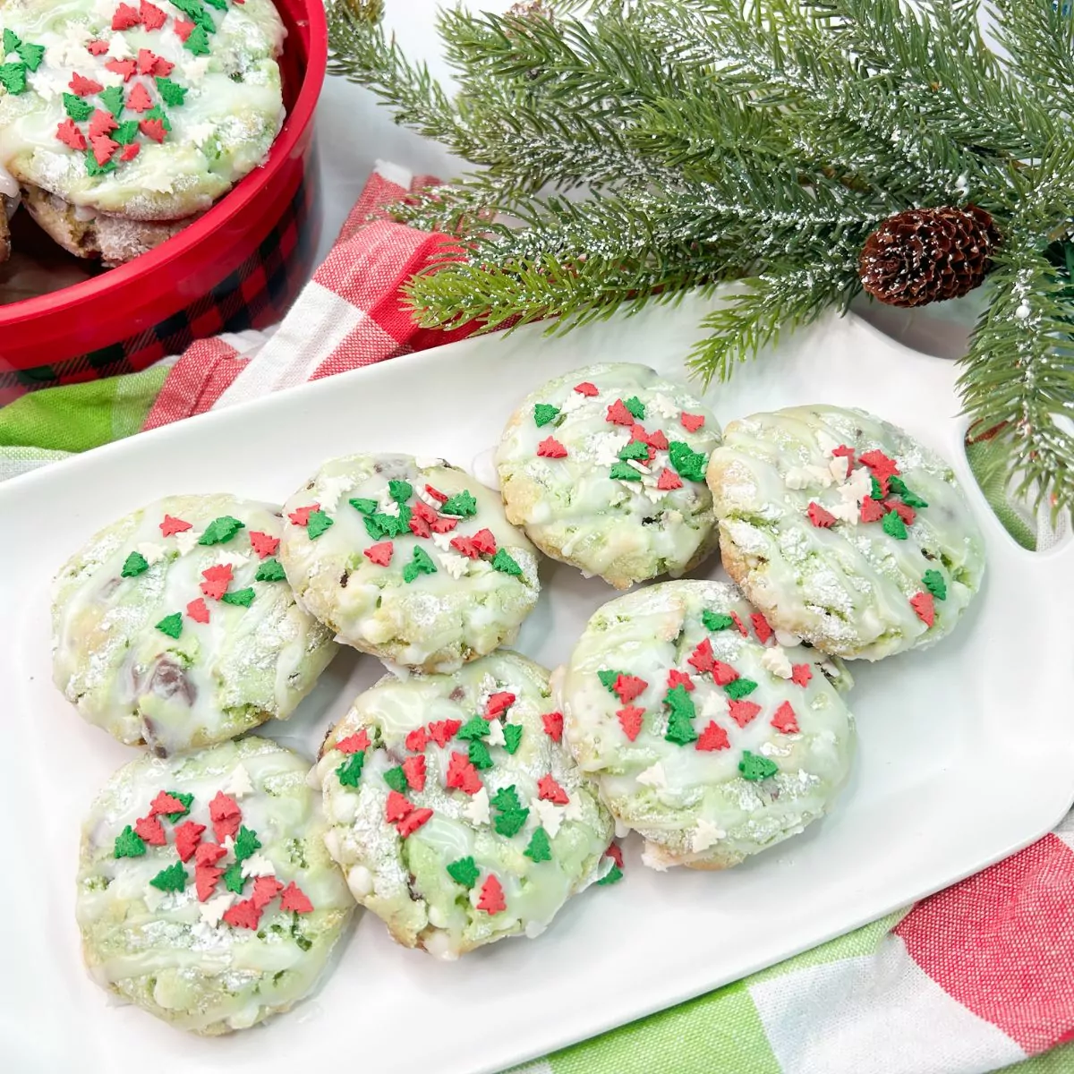Mint Cake Mix Cookies for Christmas on white plate.