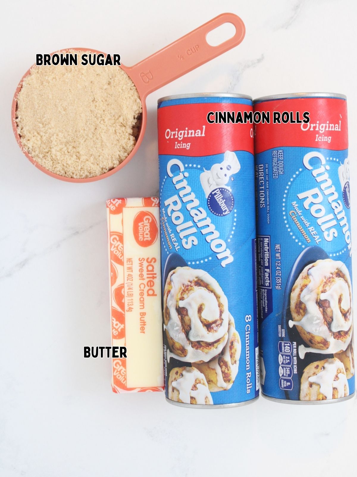Ingredients for crock pot cinnamon roll casserole.
